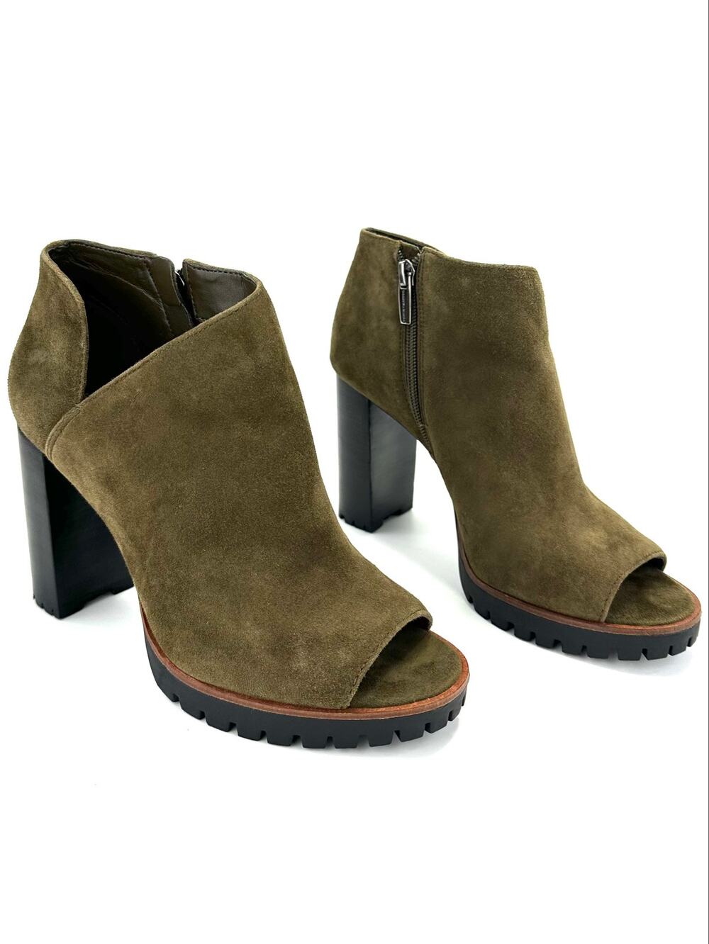 Vince Camuto Hevana Sandal/Bootie Sz 7.5/38 Green Suede Peep/Open-Toe High Heels
